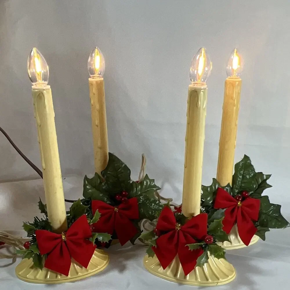 Vintage Set of 4 Plug-In Electric Christmas Window Candle Lights Holly Red Bows